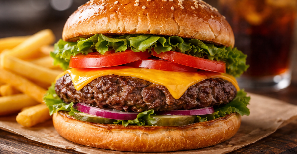 Delicious burger with cheese, lettuce, and tomato